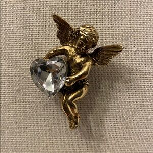 Vintage Gem-Craft Gold Tone Cherub Angel Brooch with Clear Rhinestone Heart